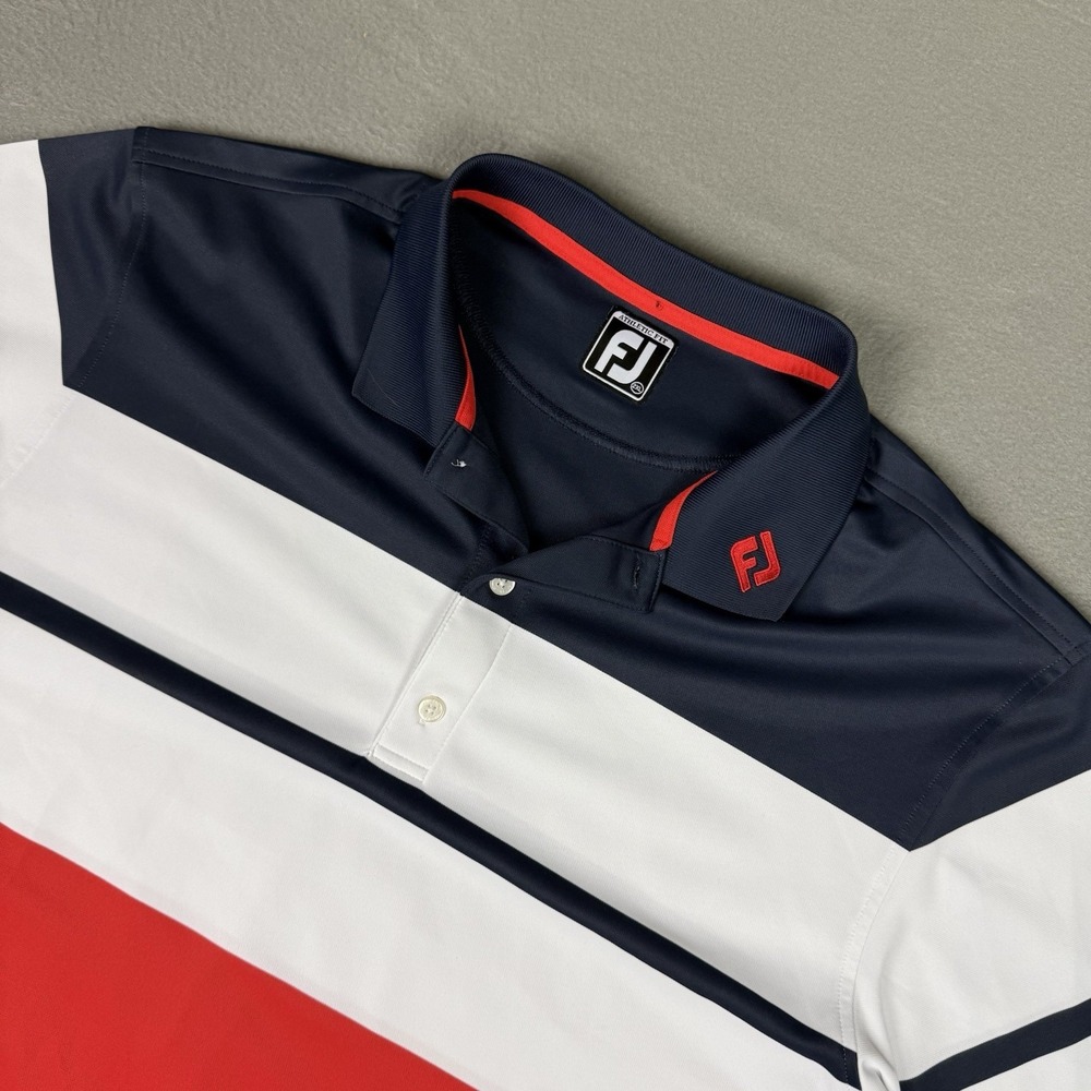 FootJoy Polo Golf Shirt Men 2XL All Over Stripe Print Athletic Fit Blue